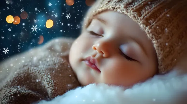 Schlafendes Baby in winterlicher Traumlandschaft