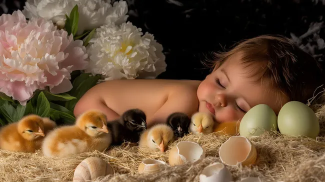 Schlafendes Baby mit Küken in nestartiger Szenerie