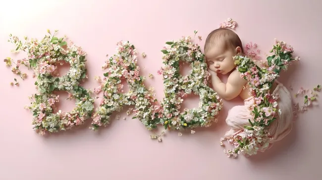 Schlafendes Baby umgeben von Blumen und Kalligrafie