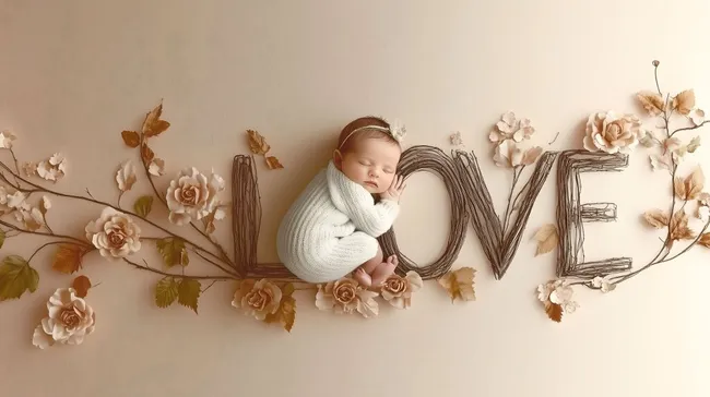 Schlafendes Baby umrahmt von Blumen und Liebesbotschaft