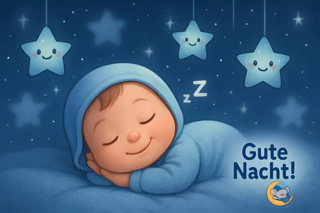 Schlafendes Baby unter Sternen mit Gute-Nacht-Gruß