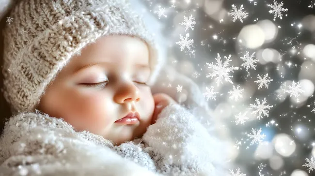 Schlafendes Babyfoto mit Schneeflockenzauber