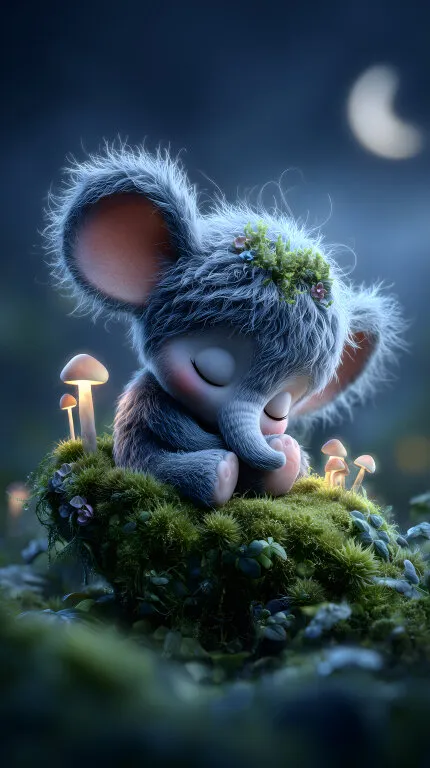 Schlafendes Fantasiewesen im Mooswald bei Nacht