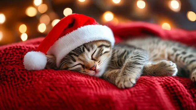 Schlafendes Kätzchen mit Weihnachtsmütze auf roter Decke