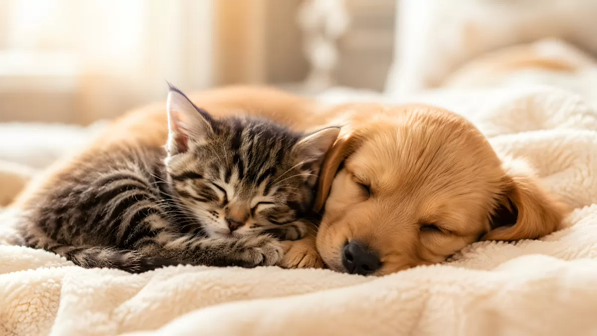Schlafendes Kätzchen und Hundewelpe kuscheln zusammen