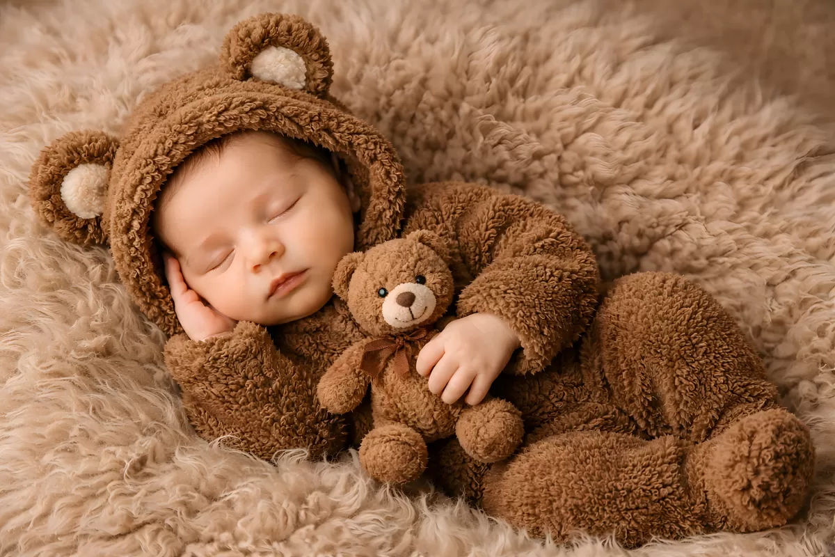 Schlafendes Neugeborenes im Bärenkostüm mit Teddybär