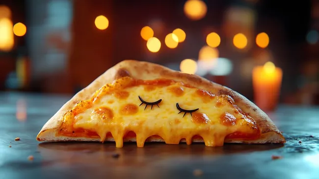 Schlafendes Pizzastück mit niedlichem Gesichtsausdruck