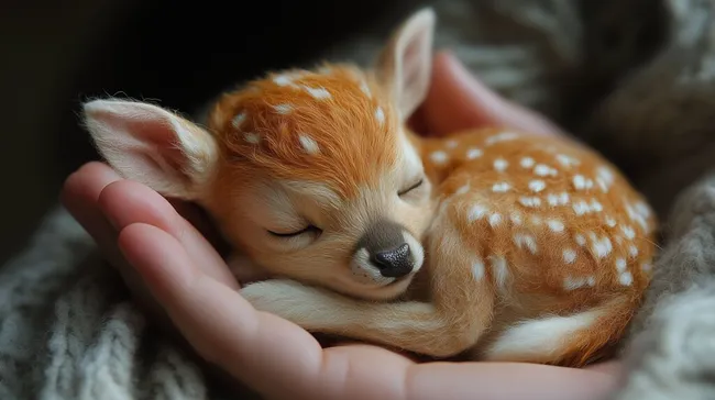 Schlafendes Rehkitz in menschlicher Hand