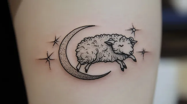 Schlafendes Schaf auf Mondsichel mit Sternen