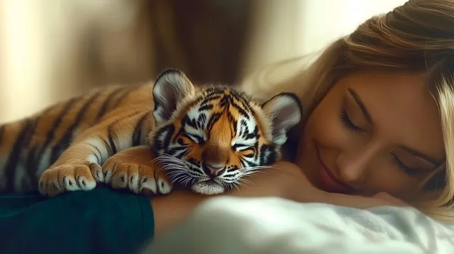 Schlafendes Tigerbaby kuschelt mit Frau
