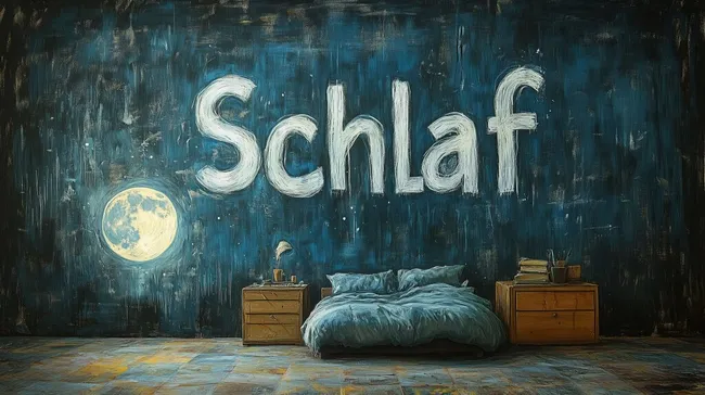 Schlafzimmer mit Mondlicht und Kreidetafel-Beschriftung