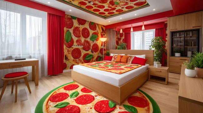 Schlafzimmer mit Pizza-Motiv-Teppich und Vorhängen