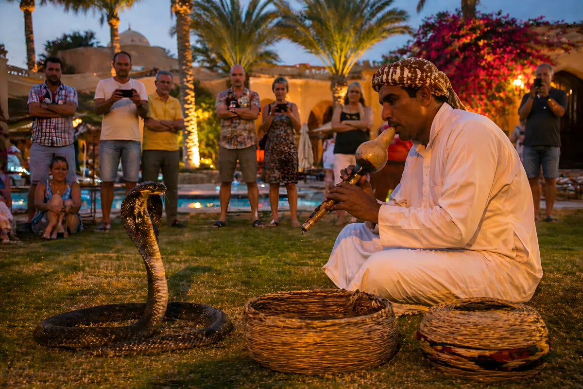 Schlangenbeschwörer mit Kobra bei Abendshow