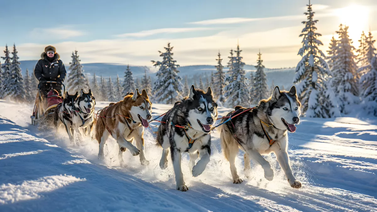Schlittenhunde-Team mit Musher im Winterwald