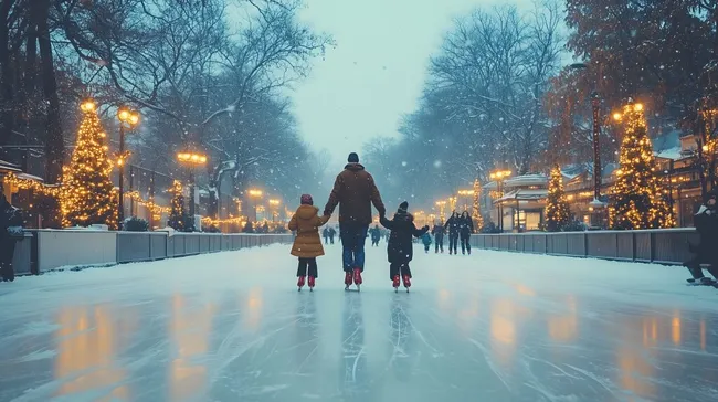 Schlittschuhlaufen in winterlicher Stadtlandschaft