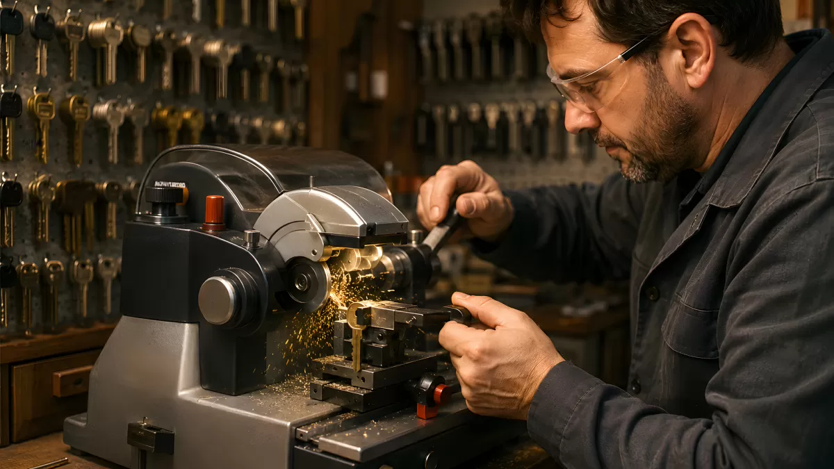 Schlosser beim Schlüsselkopieren an der Fräsmaschine