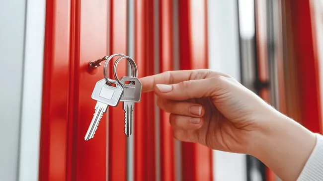 Schlüsselübergabe vor roter Tür als Symbol für Wohnungsübernahme
