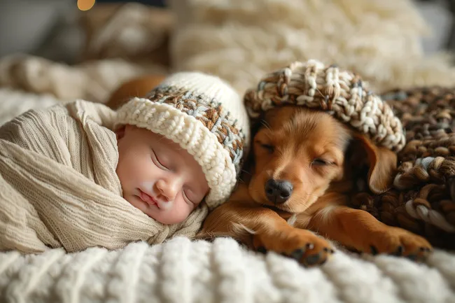 Schlummerndes Baby und kuschelnder Hund