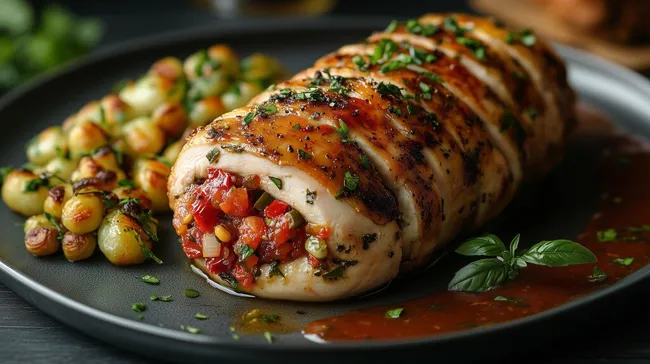 Schmackhaft gefüllte Hähnchenbrust mit knackigem Gemüse