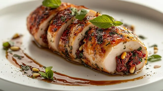 Schmackhaft gefüllte Hähnchenbrust mit Tomaten und Pinienkernen