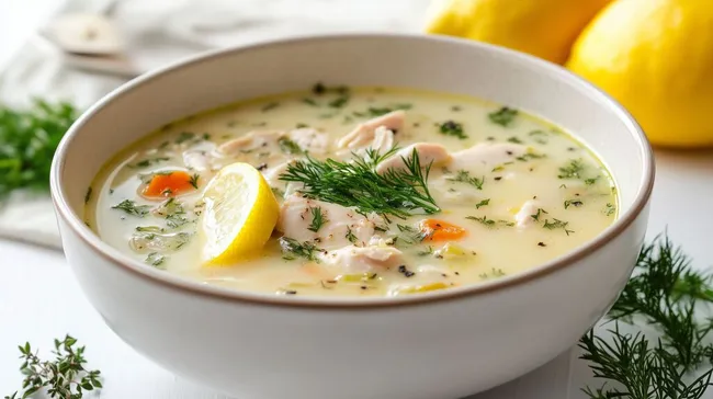 Schmackhafte Hühnersuppe mit Zitrone und Kräutern