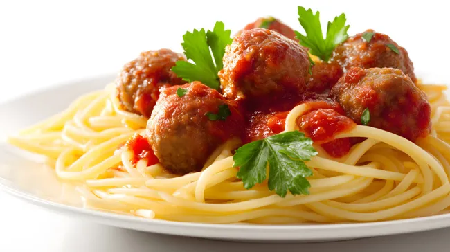 Schmackhafte Pasta mit Fleischbällchen in Tomatensauce