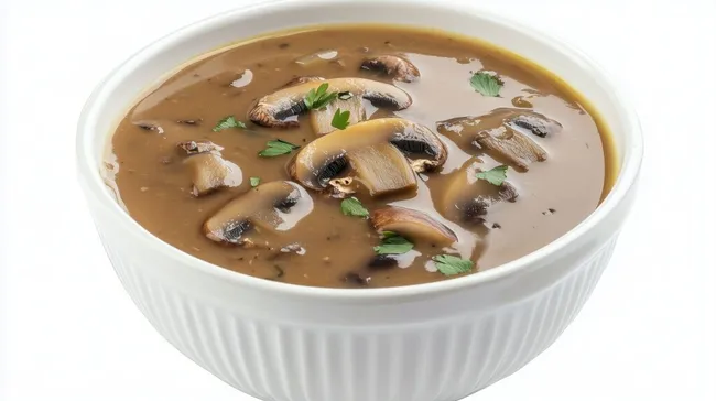 Schmackhafte Pilzsuppe in weißer Schüssel