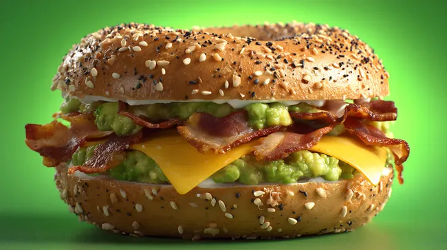 Schmackhafter Bagel mit Speck, Avocado und Cheddar