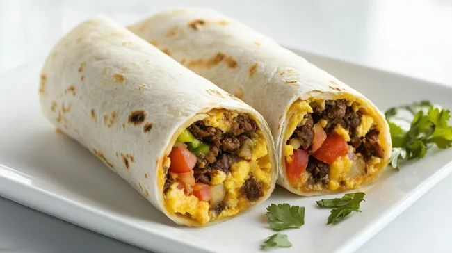 Schmackhafter gefüllter Burrito mit Eiern und Gemüse