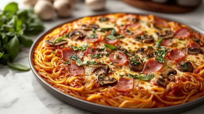 Schmackhafter Nudelauflauf mit Schinken und Pilzen