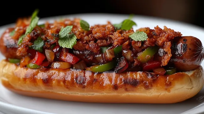 Schmackhafter Paprika-Hotdog mit knusprigen Zwiebeln