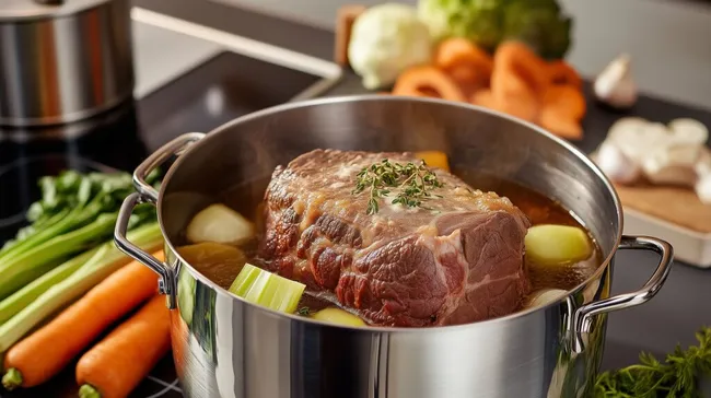 Schmackhafter Tafelspitz mit Gemüse in moderner Küche