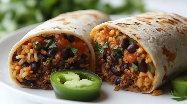 Schmackhafter veganer Burrito mit Reis und Bohnen
