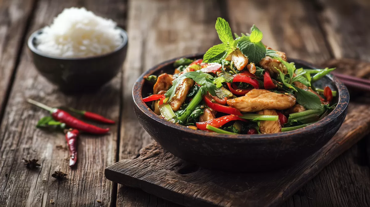 Schmackhaftes asiatisches Wokgericht mit Gemüse und Reis