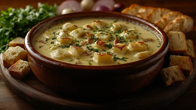 Schmackhaftes, cremiges Käsefondue mit knusprigen Brotsnacks