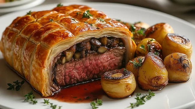 Schmackhaftes Filet Wellington mit Pilzen und Kartoffeln