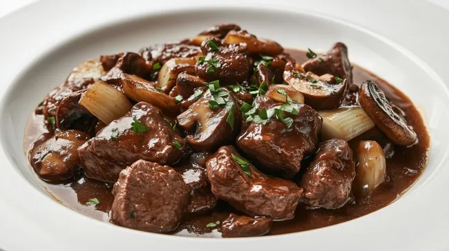 Schmackhaftes Fleischragout mit Pilzen in dunkler Sauce