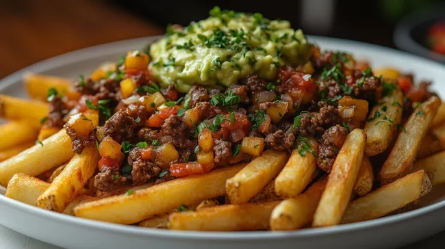 Schmackhaftes Gericht aus Pommes frites, Hackfleisch und Avocado-Creme