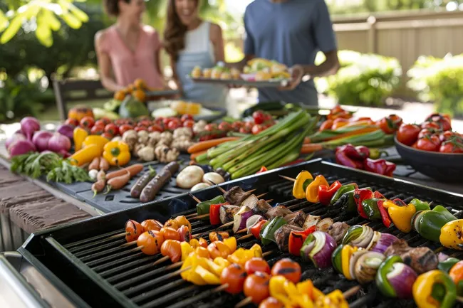 Schmackhaftes Grillgemüse und Fleischspieße
