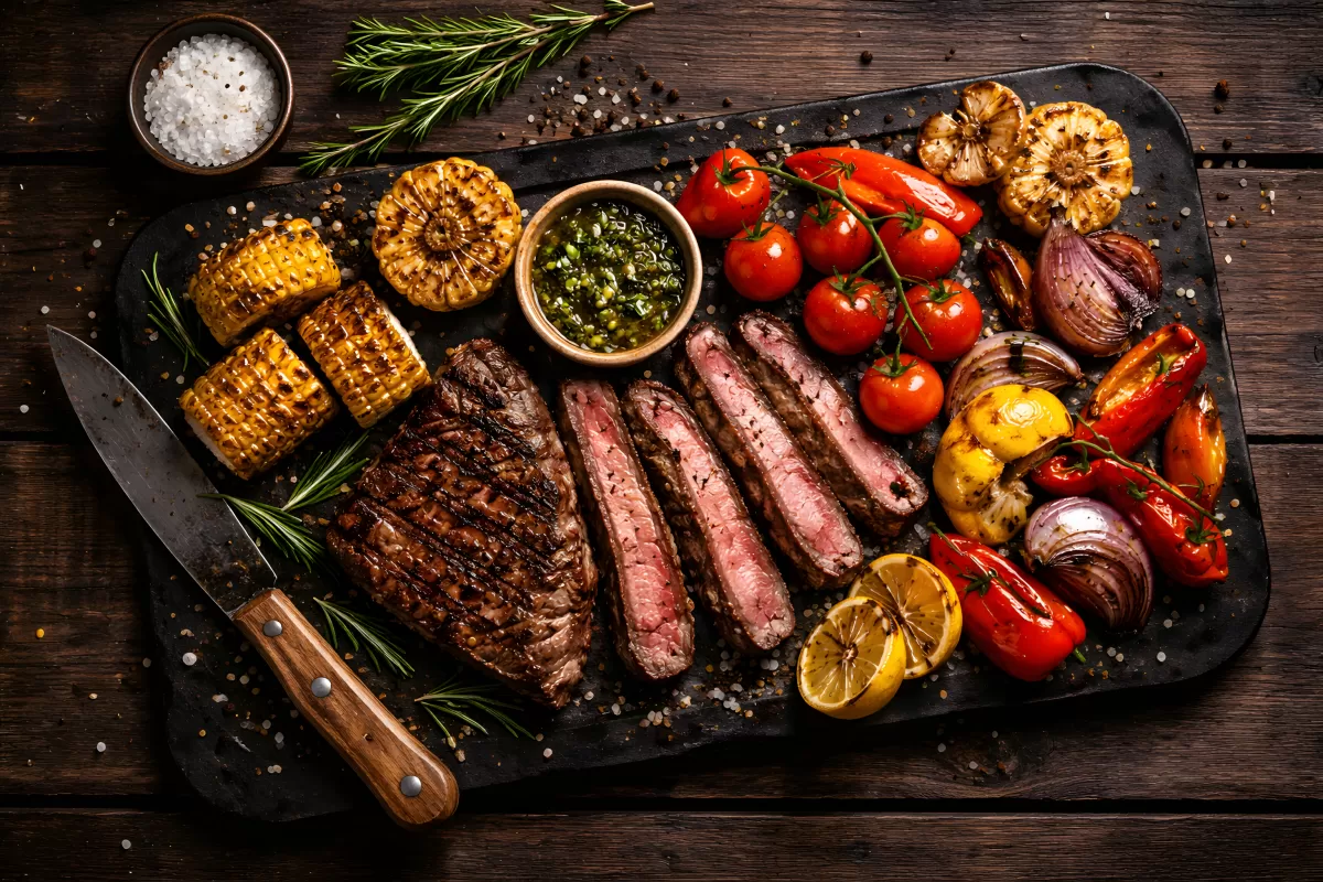 Schmackhaftes Grillgericht mit Fleisch, Gemüse und Gewürzen