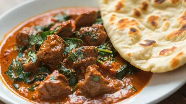 Schmackhaftes indisches Lammcurry mit Spinat und Naan-Brot