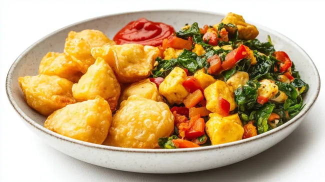 Schmackhaftes jamaikanisches Ackee-Gericht mit frittierten Knödeln