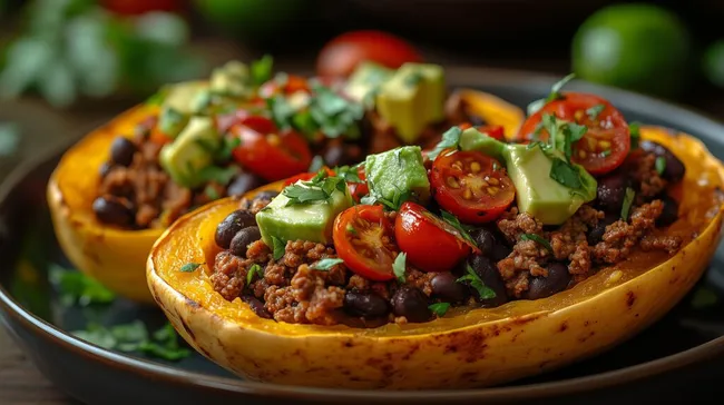 Schmackhaftes Kürbis-Taco-Gericht mit Avocado und Tomaten