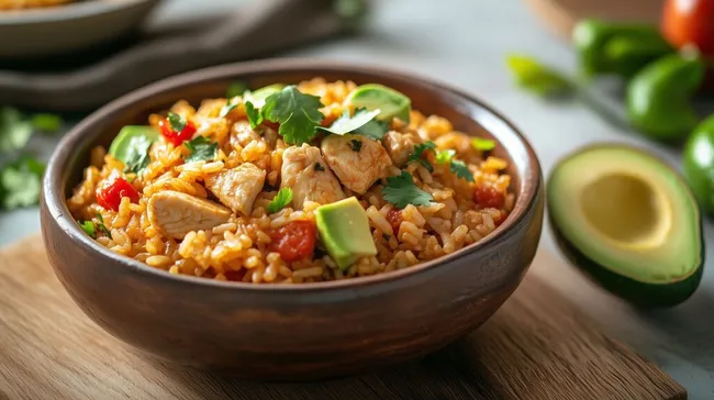 Schmackhaftes mexikanisches Hähnchen-Reis-Gericht mit Avocado