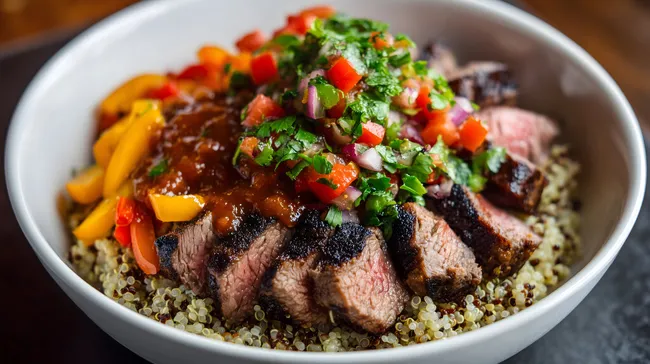 Schmackhaftes Quinoa-Steak-Bowl-Gericht mit Paprikasalsa