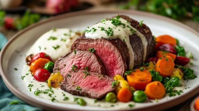 Schmackhaftes Rinderfilet mit Gemüse auf rustikalem Teller
