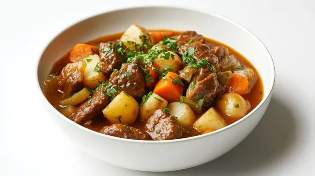 Schmackhaftes Rindergulasch mit Gemüse in Schüssel