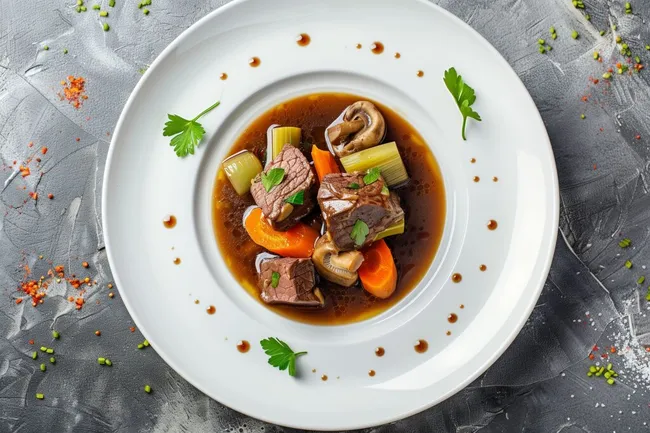 Schmackhaftes Rindfleischgericht mit Gemüse in dunkler Brühe