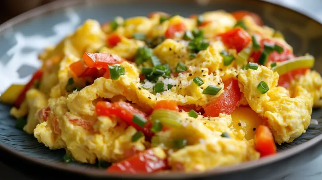 Schmackhaftes Rührei mit Paprika und Schnittlauch