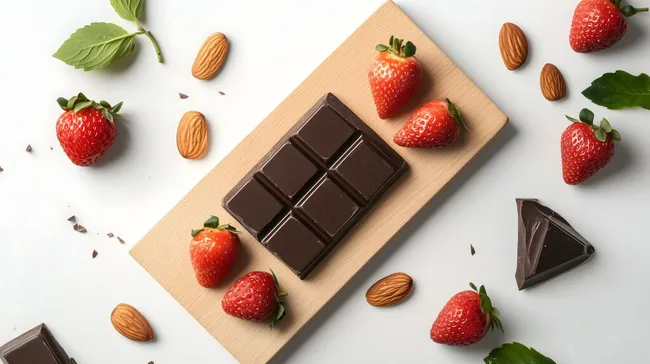 Schmackhaftes Schokolade-Erdbeere-Mandel-Stilleben